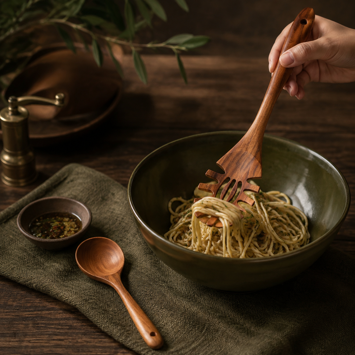 Teak pasta server lifting noodles beside a shorter teak stirring spoon.