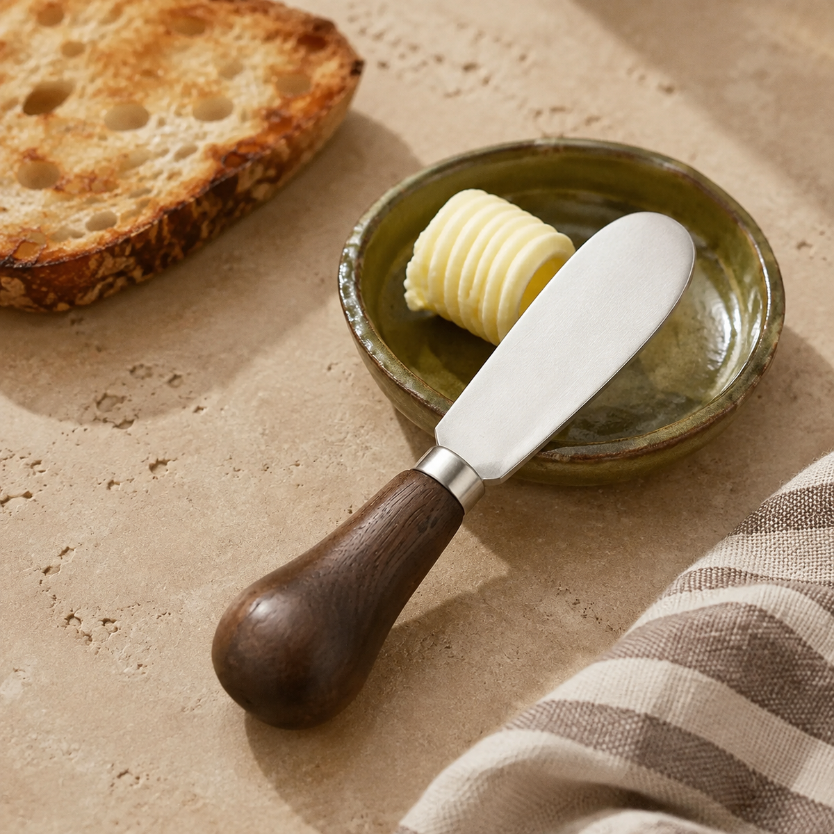 Walnut-handled stainless steel butter spreader arranged beside a butter dish and sourdough toast.