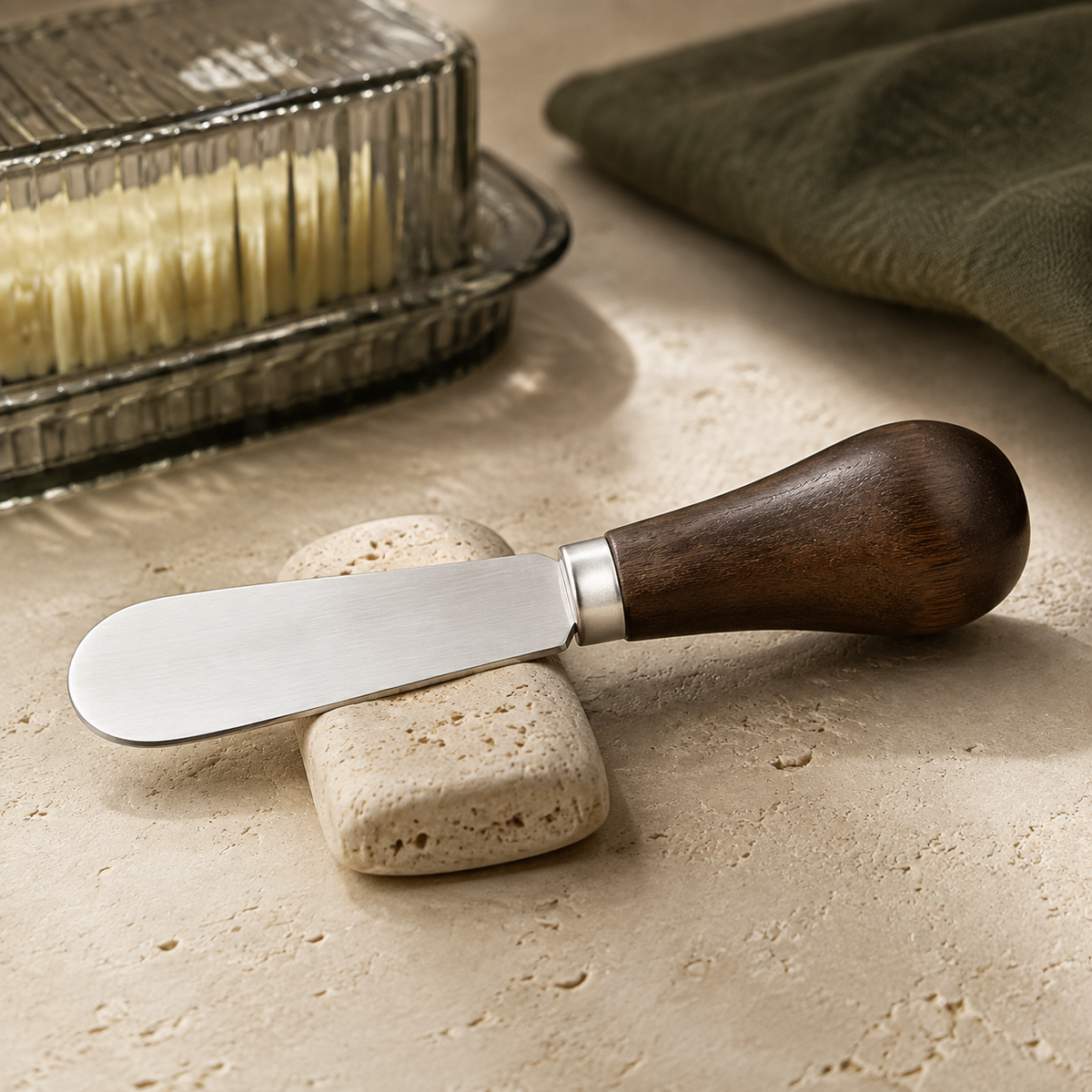 Low side view of the rounded stainless steel blade, metal collar and dark walnut handle.