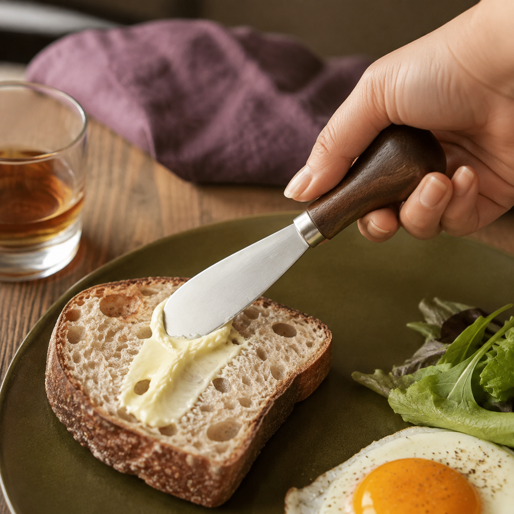 Hand using a compact walnut-handled spreader to spread butter on sourdough toast.