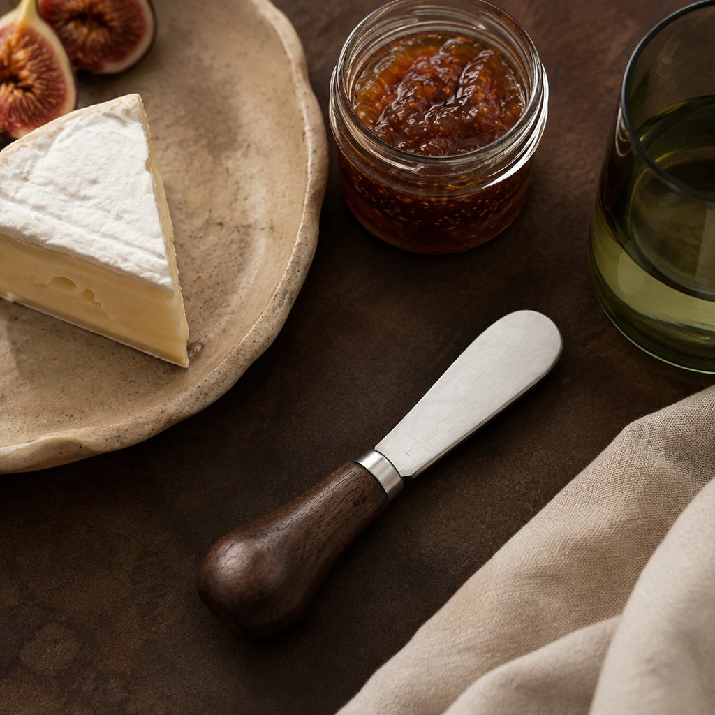 Walnut-handled butter spreader styled with fig preserve, soft cheese and an olive glass.