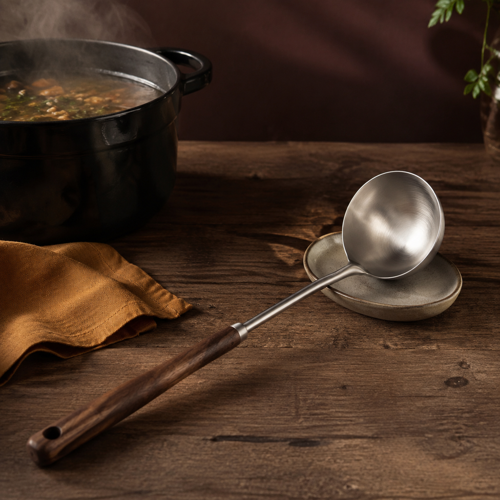 Walnut-handled stainless steel ladle resting beside a steaming soup pot on a dark wooden table.