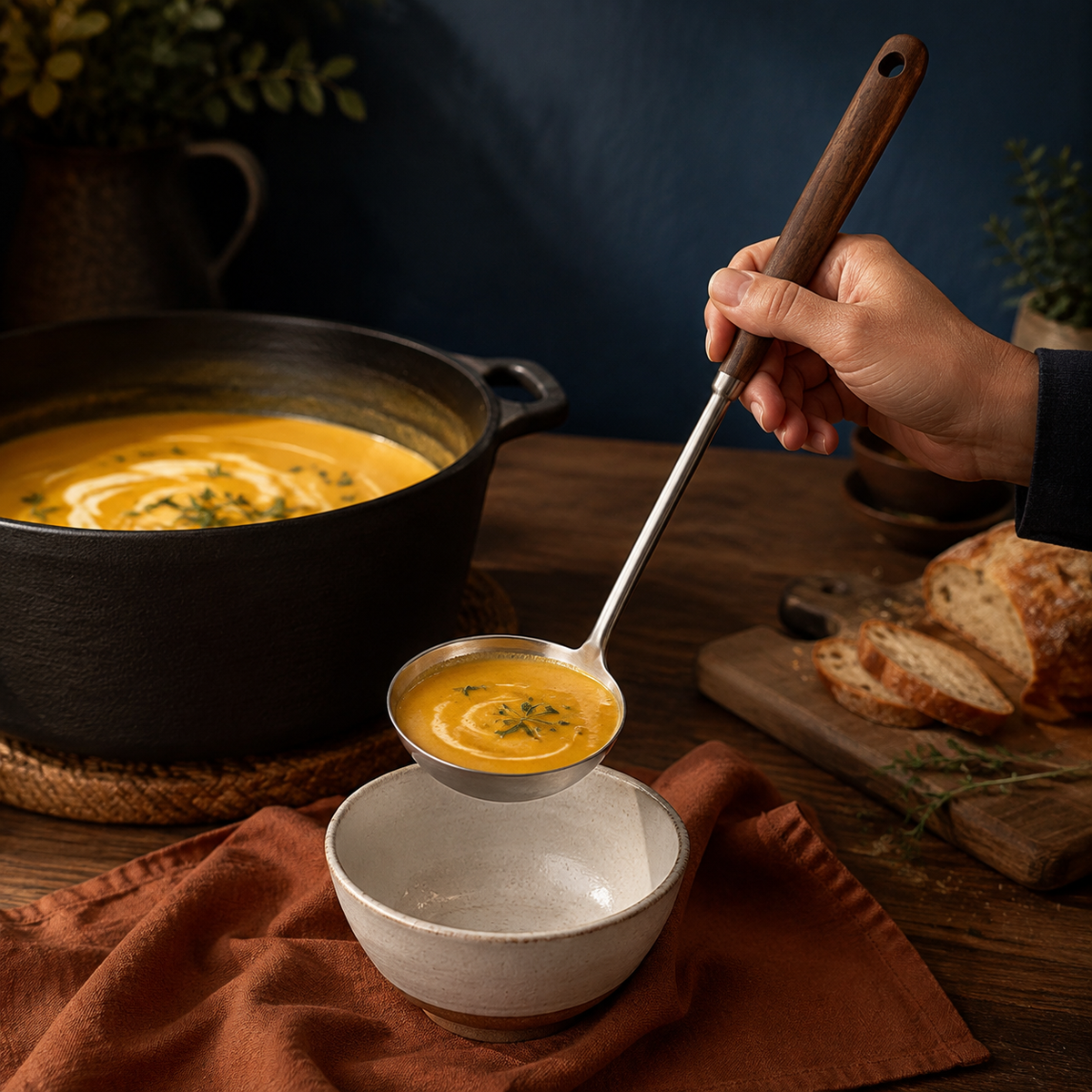 Hand holding a long walnut-handled stainless steel ladle filled with pumpkin soup above a ceramic bowl.