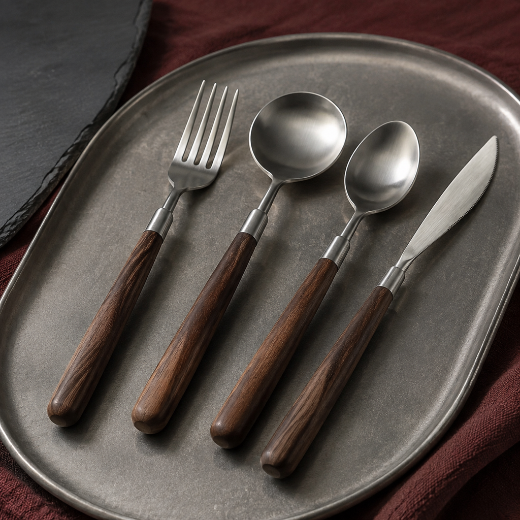 Walnut-handled fork, round spoon, oval spoon and serrated table knife arranged on an aged pewter tray.